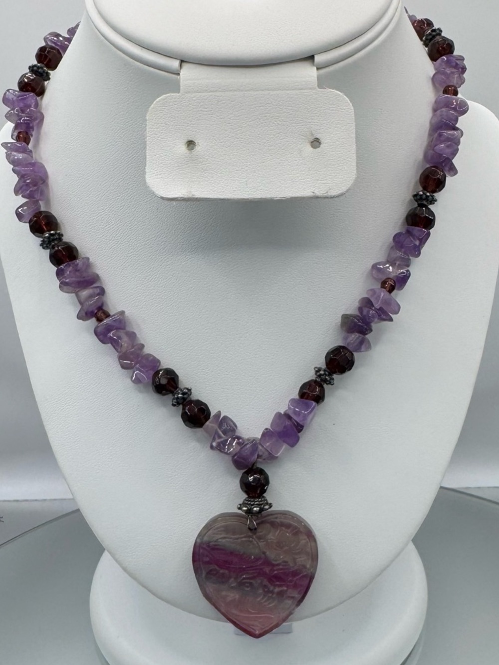 Hand Carved Natural Rainbow Fluorite Gemstone Heart Pendant with Amethyst Chips